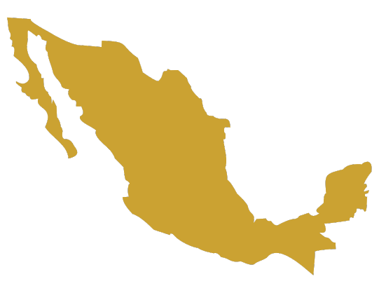 Ilustración del mapa de México en color dorado sobre fondo negro