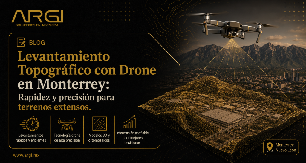 Ingenieros de ARGI realizando un levantamiento topográfico con drone en Monterrey para desarrollo industrial