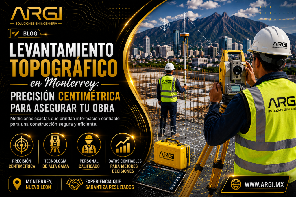 Ingeniero de ARGI realizando un levantamiento topográfico en Monterrey con Estación Total para proyecto industrial.
